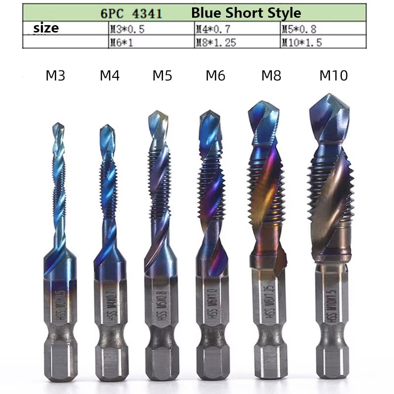 Tap Drill Bits Set Titanium Plated Hex Shank HSS Countersink Thread Metric Screw Machine Compound M3 M4 M5 M6 M8 M10 Hand Tools